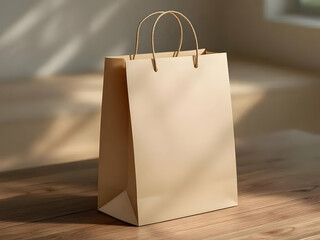 Simple brown paper shopping bag resting on a wood floor in a sunny room, showcasing sustainability and reusable materials.