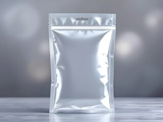 Presenting a blank, reflective stand up pouch against a softly blurred backdrop for packaging mockups and designs.