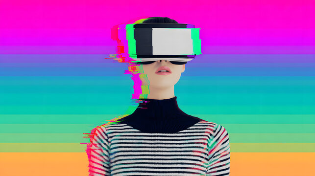 Surreal woman with glitch effect wearing VR headset against neon gradient background. Concept of virtual identity and digital distortion.