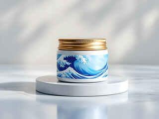 Elegant jar mockup displaying artistic wave design and a gold lid on a white circular pedestal for beauty product promotion.