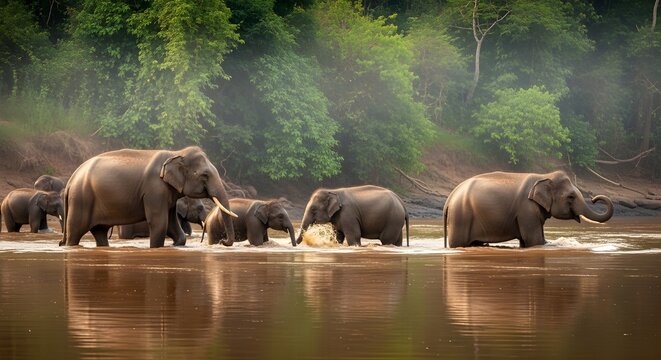 A herd of wild elephants crossing a muddy river in the jungle, baby elephants playfully splashing water, lush green foliage, misty morning light, reflections in the water. Photorealistic, vibrant colo - Powered by Adobe