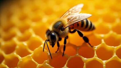 Close-Up of Honeybee on Honeycomb with Glowing Honey Droplets