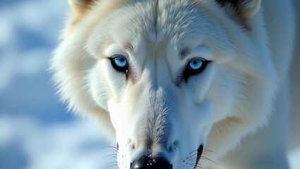 Intense Close-Up of White Wolf with Icy Blue Eyes in Snow