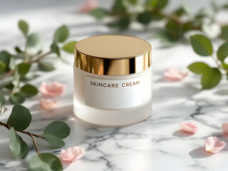 Luxurious skincare cream jar presented with delicate rose petals and fresh greenery on a marble surface.