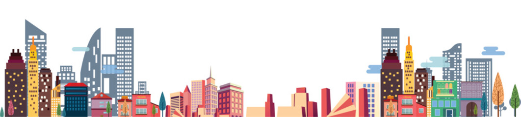 Colorful vector cityscape illustration showcasing tall buildings.