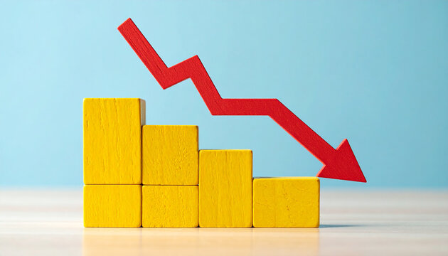 Minimalist yellow graph with red arrow pointing down. Business risk, financial decline, money loss