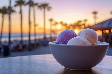 Three scoops of ice cream at sunset on the beach.