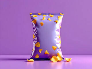A bag of crunchy potato chips sits amidst scattered chips against a soft purple background, tempting a delicious snacking experience.