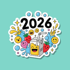 Cartoon sticker of a juice box with 2026, surrounded by fruit, splashes, and emojis.