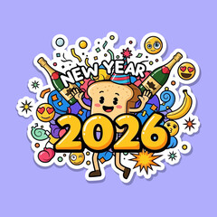 Cheerful toast character celebrating New Year 2026 amidst confetti and celebratory elements.