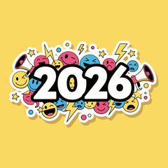 Festive illustration of "2026" surrounded by colorful emojis, megaphones, and lightning bolts on a yellow background.