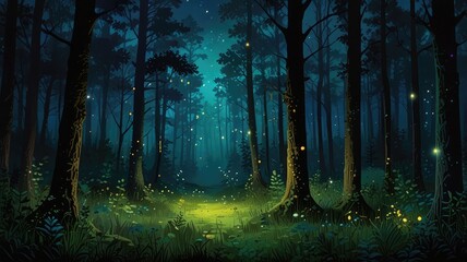 Naklejka premium A mystical forest scene, illuminated by glowing lights and a path.