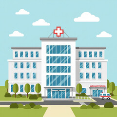 A cartoon illustration of a hospital with a cross on it