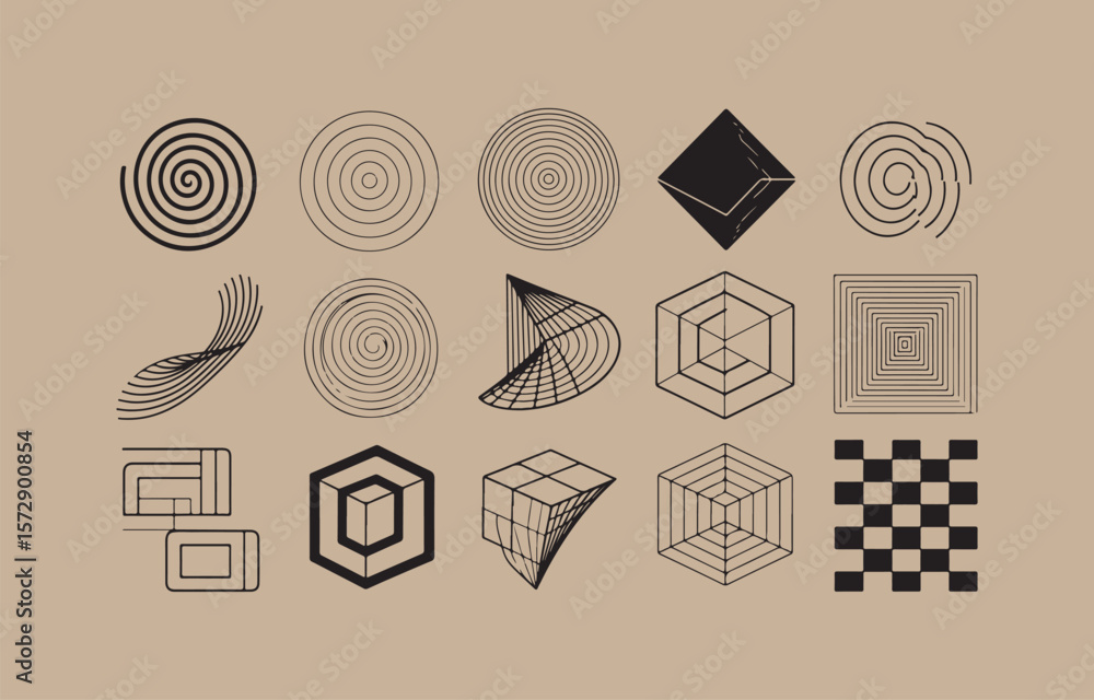 Poster collection of abstract geometric shapes and patterns in black line art on a beige background
