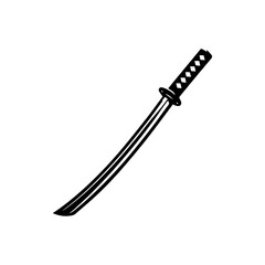 A stylized black and white illustration of a traditional Japanese katana sword.