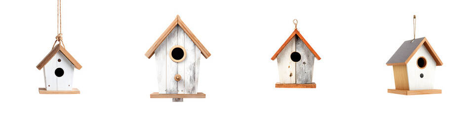 Collection of four decorative birdhouses, isolated on white, weathered wood designs, different shapes, springtime garden decor, rustic charm, natural