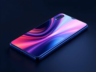Sleek smartphone displays vibrant colorful screen with abstract design on a clean dark background, showcasing mobile technology.