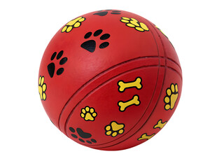 Red dog toy ball with paw prints and bones on transparent background