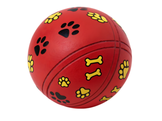 Red dog toy ball with paw prints and bones on transparent background
