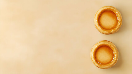 Minimalist display of two custard tarts on a simple cream background