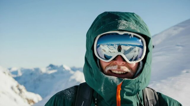 Smiling person in green jacket and ski goggles reflecting snowy mountains on sunny day