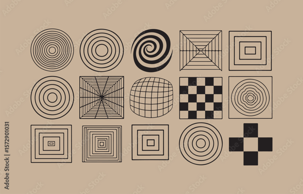 Aufkleber collection of geometric abstract shapes and patterns in black outline on a neutral background