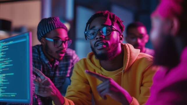 Focused developers collaborating on code review in a vibrant, modern workspace