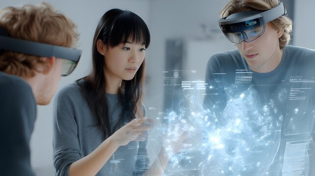 Multi-ethnic team collaborating with 3D hologram UI