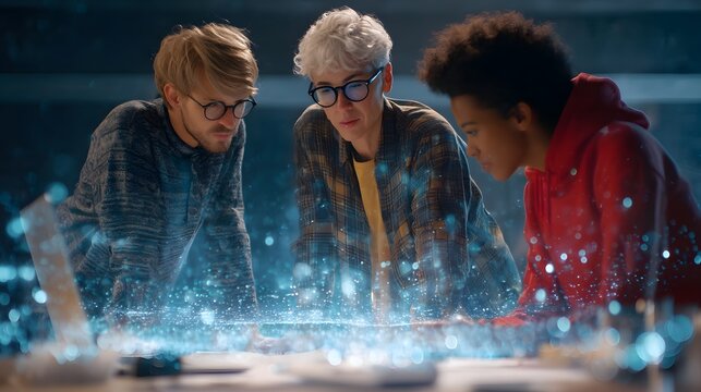 Multi-ethnic team collaborating with 3D hologram UI