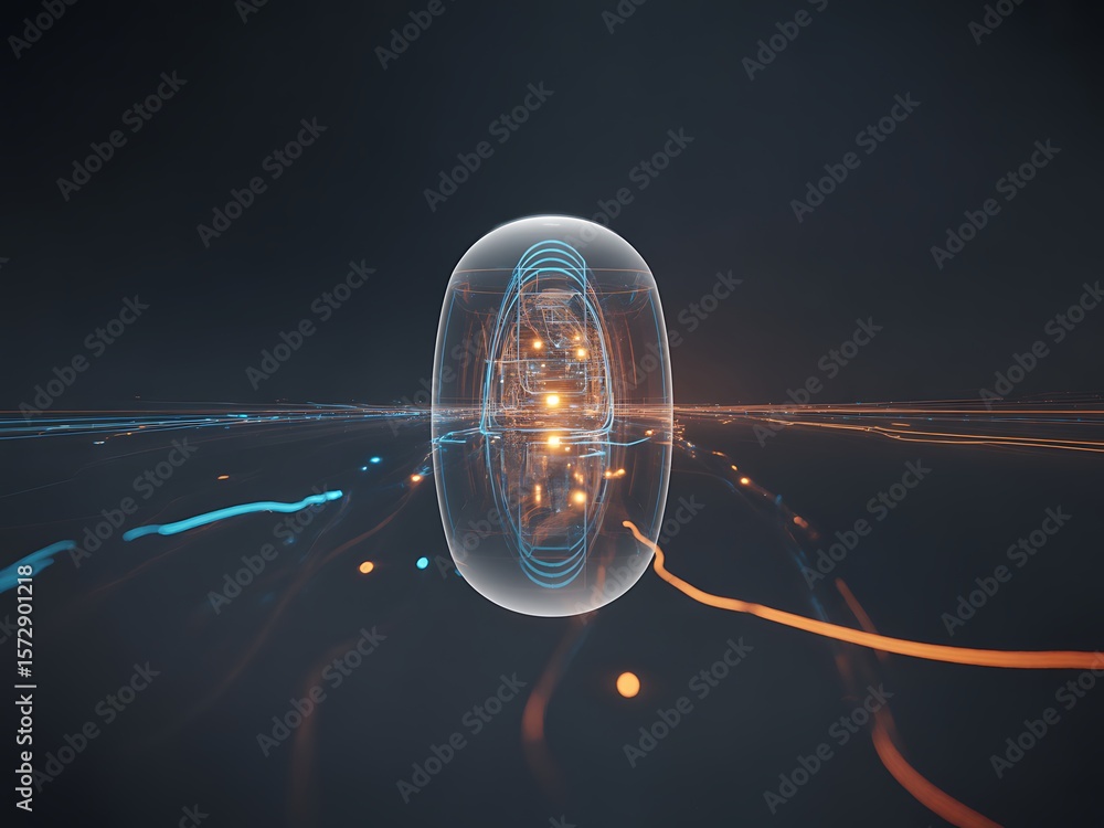 Poster futuristic transparent capsule with glowing circuits and light trails image