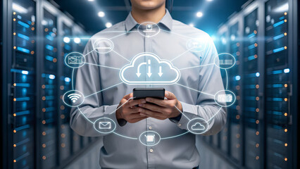 Cloud computing services data center server management it solutions concept