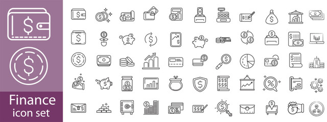 Finance icon set. Money payments related icons: cash, bank, loan, budget, fund, earning, profit, business, wallet and more. Editable line icons. Vector illustration.