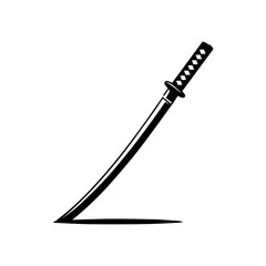 A black and white graphic illustration of a katana sword, angled diagonally on a white background.