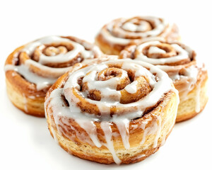 Freshly baked cinnamon rolls with creamy frosting on a clean white surface