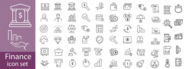 Finance icon set. Money payments related icons: cash, bank, loan, budget, fund, earning, profit, business, wallet and more. Editable line icons. Vector illustration.