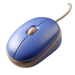 A blue computer mouse with a beige scroll wheel and cord