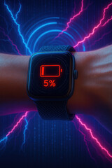 Smartwatch displaying low battery warning with vibrant red 5% icon is set against dynamic background of blue and pink lightning, creating sense of urgency