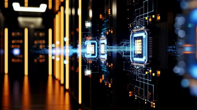 Server units with glowing cpus exchanging data through futuristic connections in a modern data center, symbolizing advanced network infrastructure and high speed data processing - Powered by Adobe