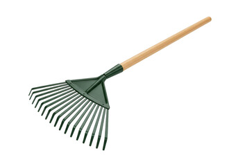 Green leaf rake with wooden handle isolated on transparent background
