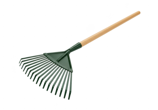 Green leaf rake with wooden handle isolated on transparent background