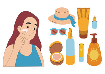 Woman applying sunscreen cream with summer skincare products and accessories flat vector illustration. Sun protection concept with girl using lotion and beach holiday essentials vector design.