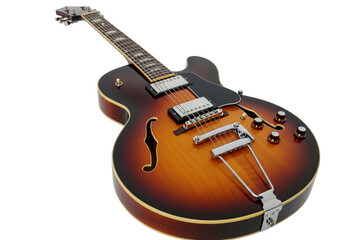 Sunburst hollow body electric guitar with f holes isolated on transparent background