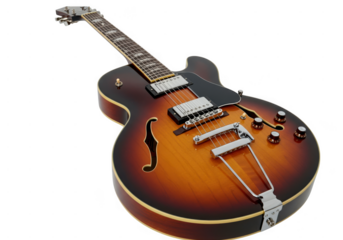 Sunburst hollow body electric guitar with f holes isolated on transparent background