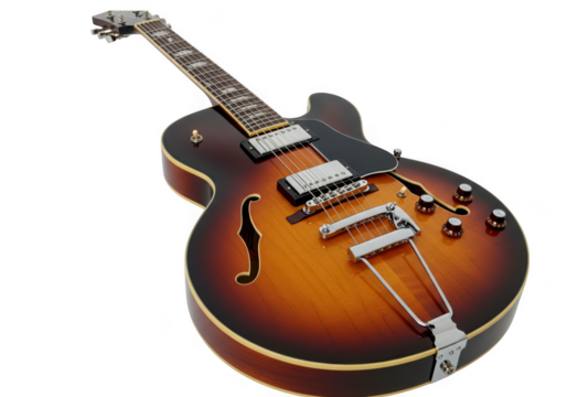 Sunburst hollow body electric guitar with f holes isolated on transparent background