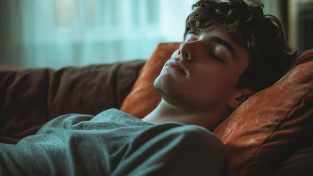 A man is sleeping on a couch with a pillow. He is wearing a gray shirt. The pillow is orange