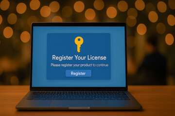 Laptop displaying software license registration screen with key icon, set against blurred background of warm bokeh lights, creating cozy atmosphere