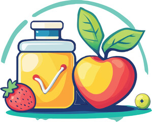 Fresh colorful fruit and vegetable juice set with apples oranges and jars