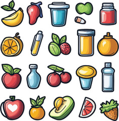 Fruit and vegetable icon set with colorful healthy food illustrations