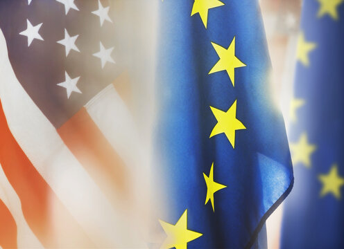 Flags of the European Union and United States hanging next to each other