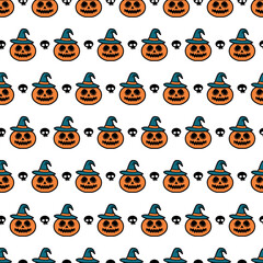 Funny Pumpkin Face with Witch Hats Pattern. Perfect for Halloween-themed packaging, fabrics, and party decorations.